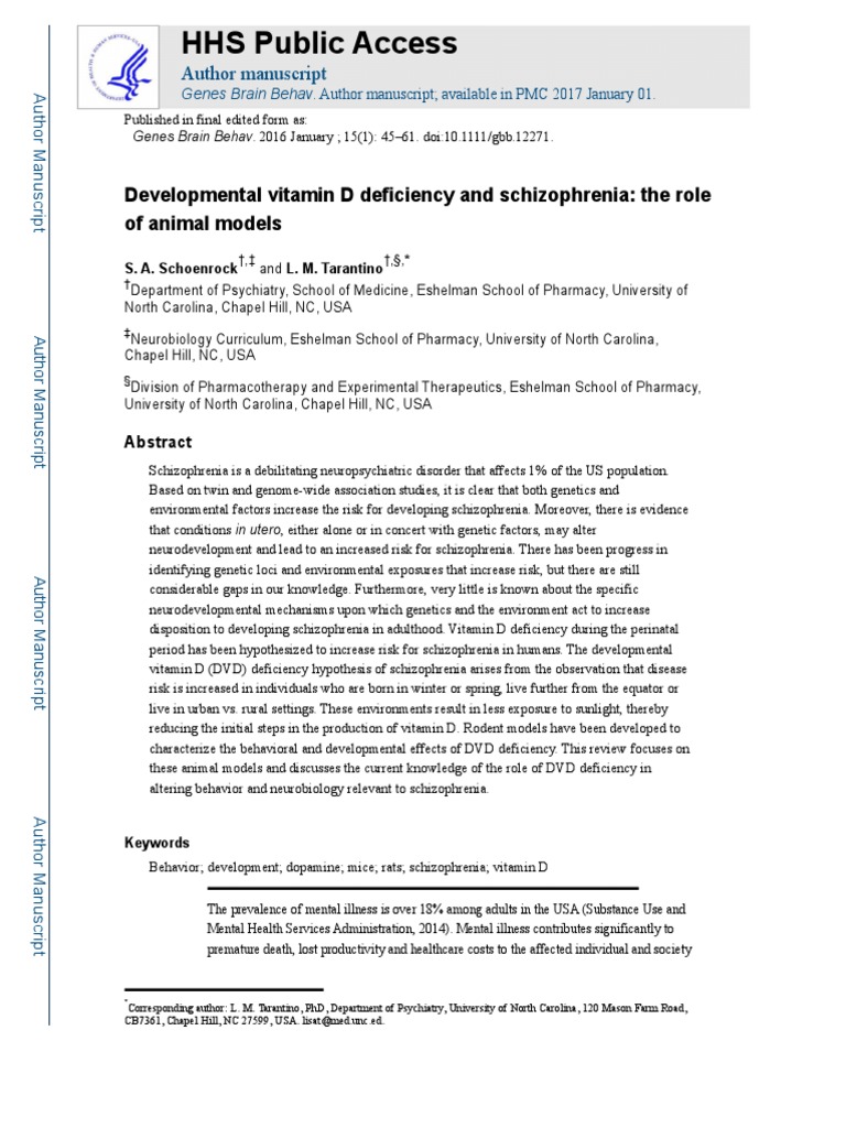 HHS Public Access Developmental Vitamin D Deficiency and Schizophrenia