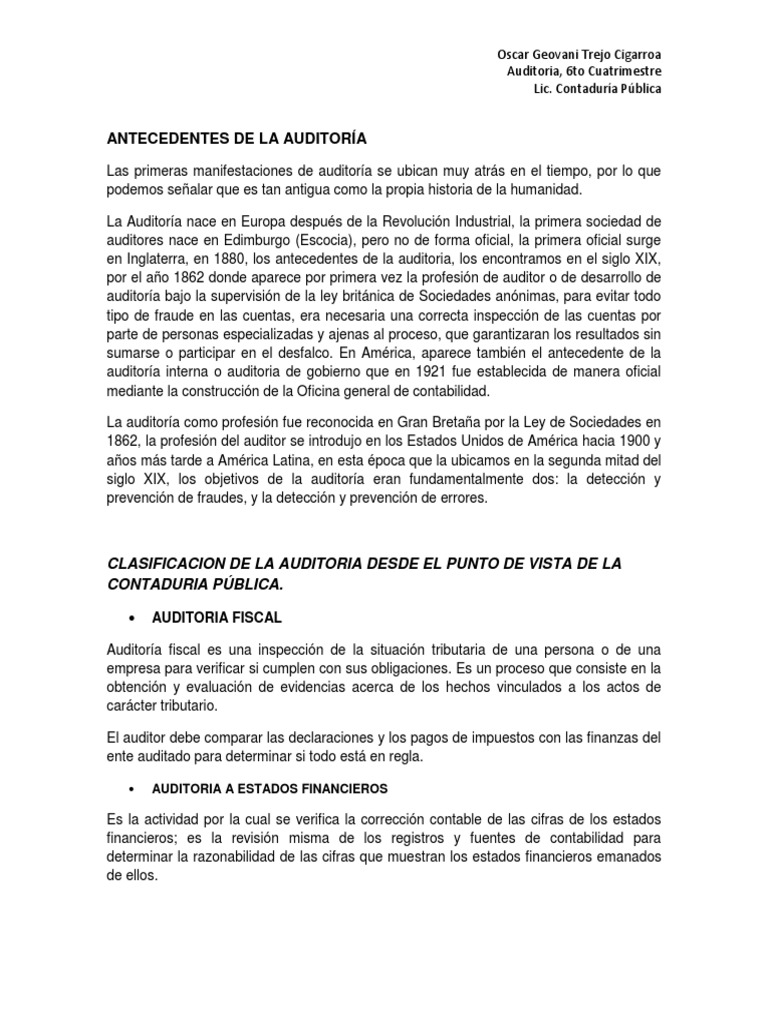 Antecedentes de La Auditoría Contador Auditoría