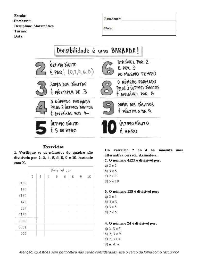 Exercícios de Divisibilidade para 6º Ano | PDF | Ensino de Matemática