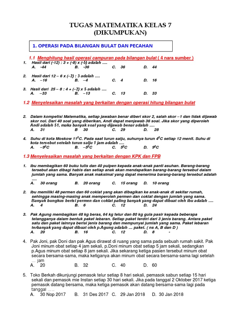 Tugas Matematika Kelas 7