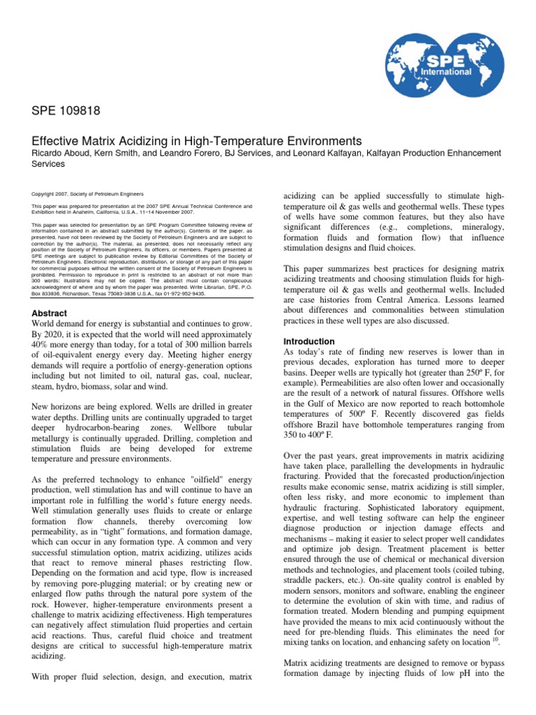 SPE 109818 Effective Matrix Acidizing in High-Temperature Environments ...