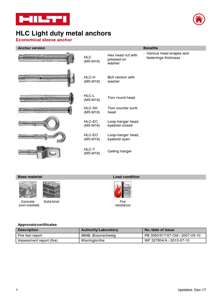 Technical Data Sheet For The HLC Sleeve Anchor Technical Information
