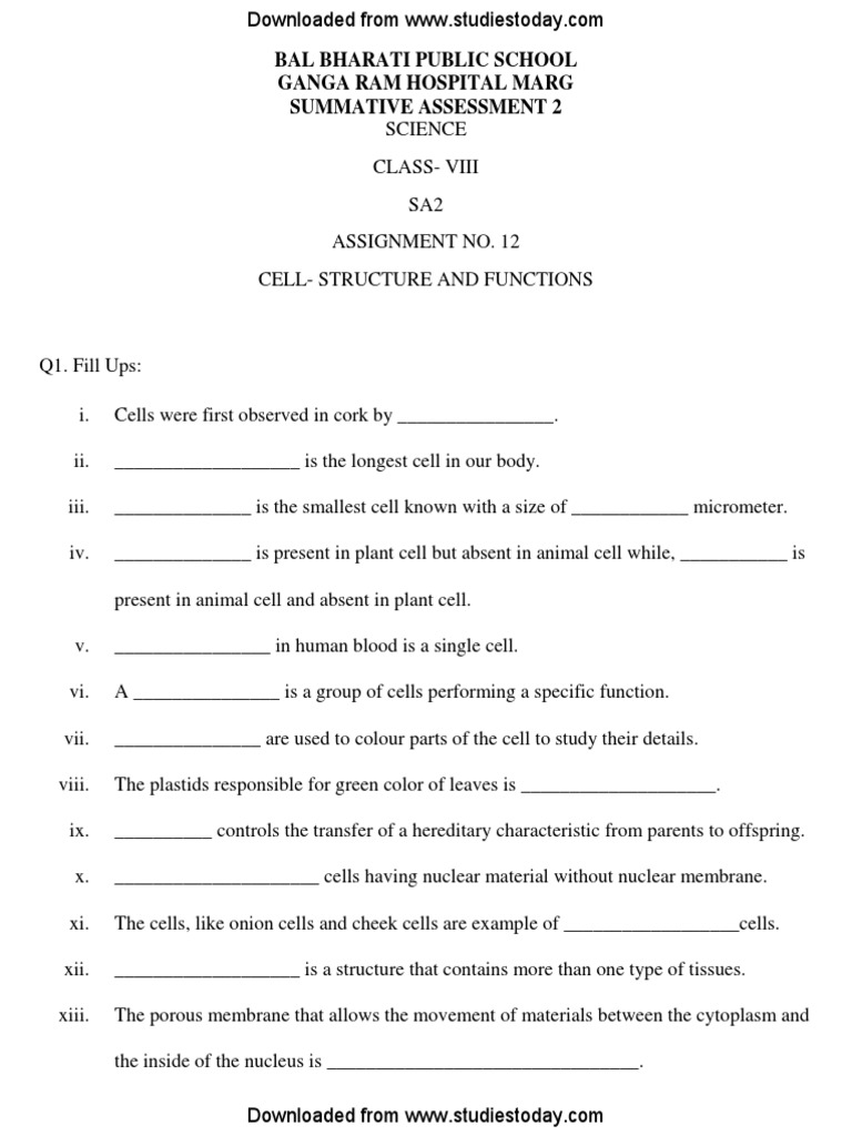 Class 8 Cell Structure Worksheet | PDF | Cell Nucleus | Cell (Biology)