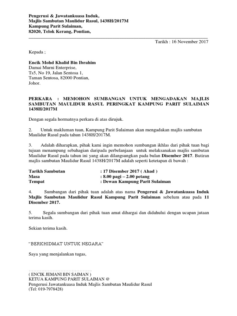 Surat Memohon Kebenaran Ppd Majlis Maulidur Rasul