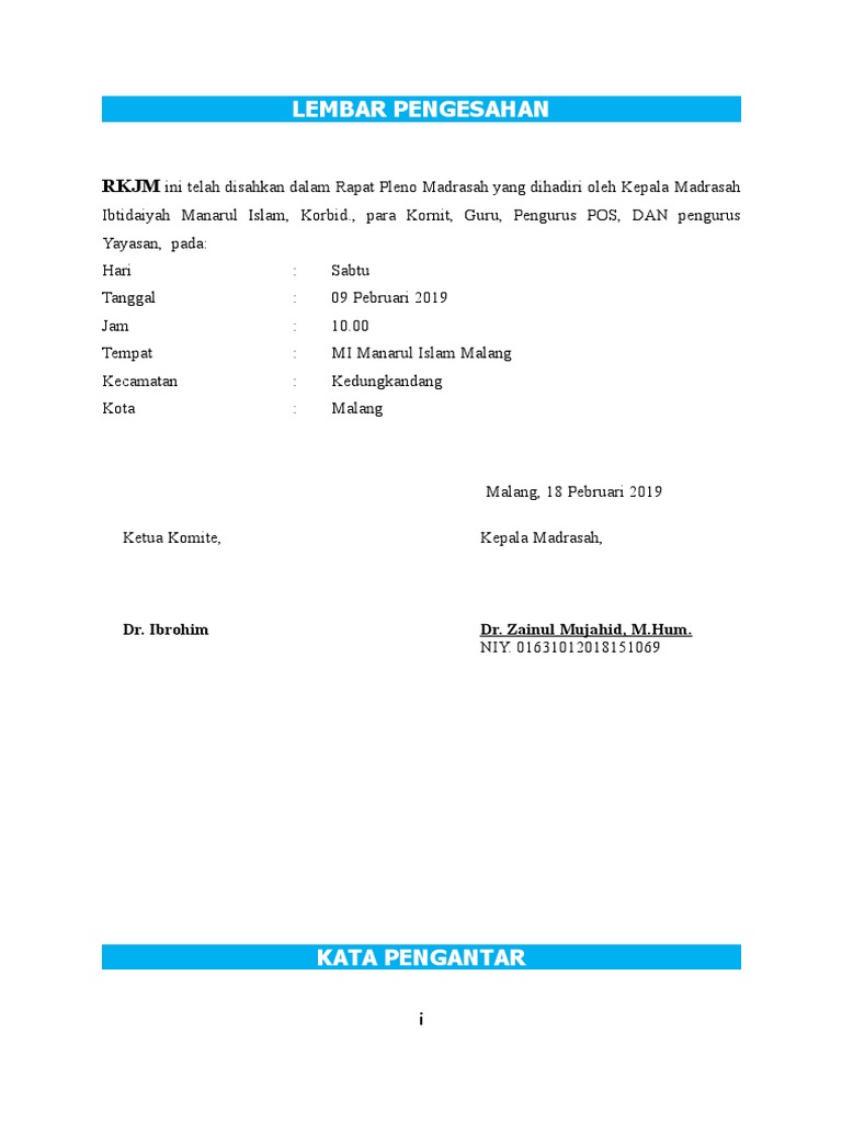Lembar Pengesahan RKJM MI Manarul Islam | PDF | Bisnis