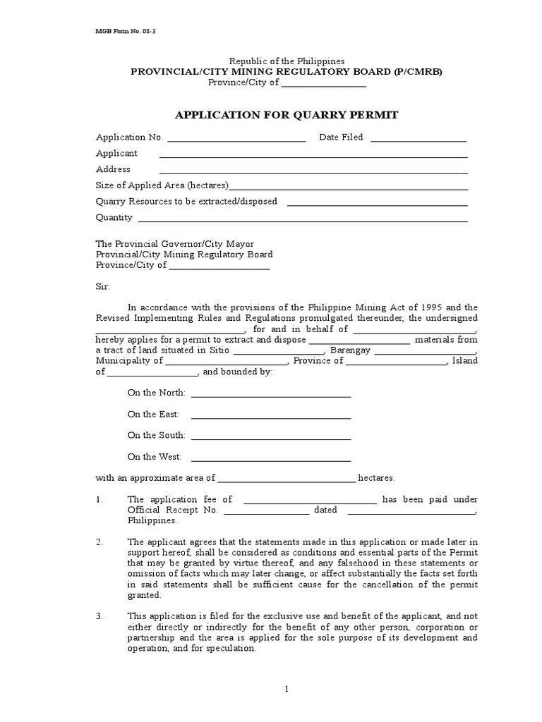 Application for Quarry Permit Form Outlining Requirements for