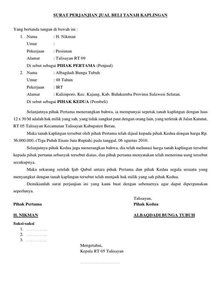 Surat Perjanjian Jual Beli Tanah Kaplingan