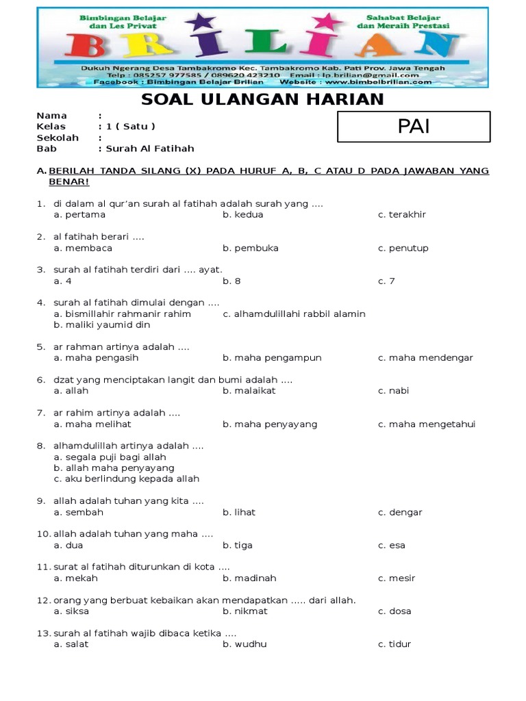 Soal Pai Kelas 1 Sd Bab 1 Surah Al Fatihah Dan Kunci Jawaban
