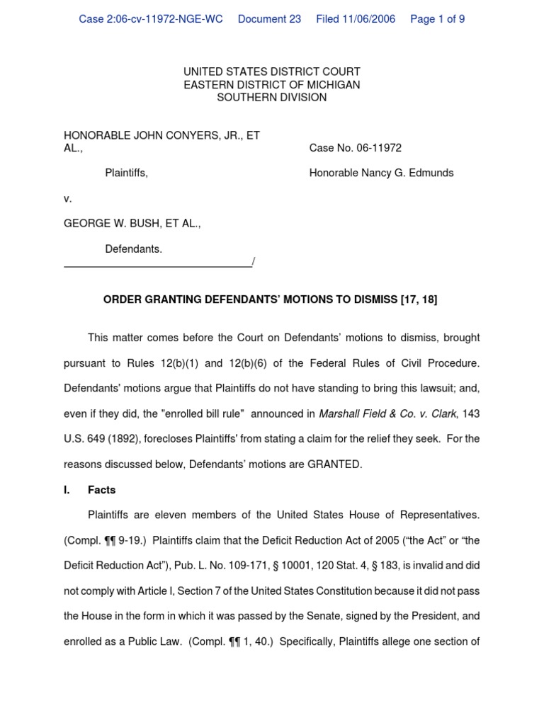 Conyers V Bush ORDER GRANTING DEFENDANTS' MOTIONS TO DISMISS 1106