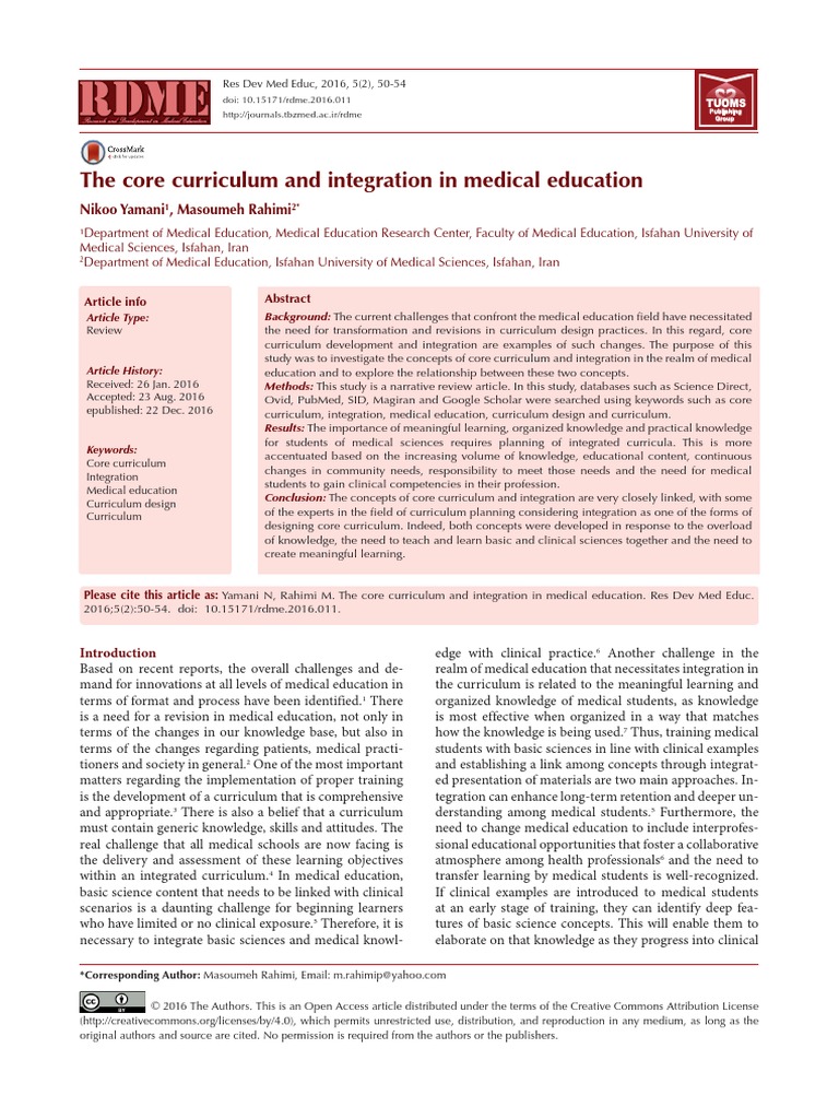 The Core Curriculum and Integration in Medical Education Nikoo Yamani
