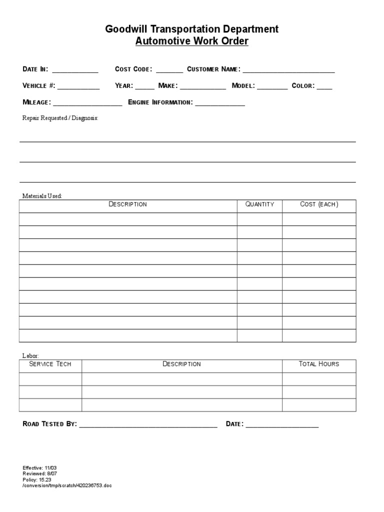Automotive Work Order PDF