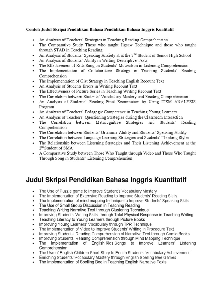 Contoh Judul Skripsi Pendidikan Bahasa Inggris Speaking Terkait Pendidikan