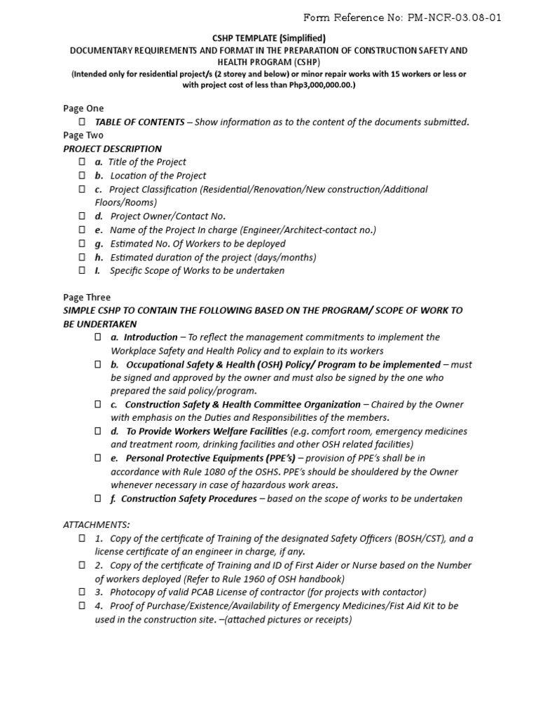 Simplified CSHP Template for Small Projects | PDF | Occupational Safety ...
