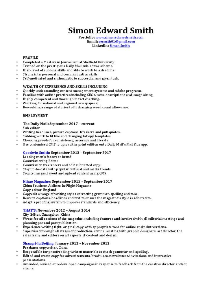 Simon Smith: Sub-Editor Portfolio | PDF | Copy Editing | Newspapers