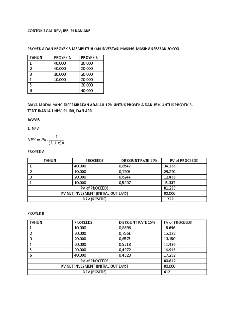 Contoh Soal Npv Irr Pi Dan Arr Pdf