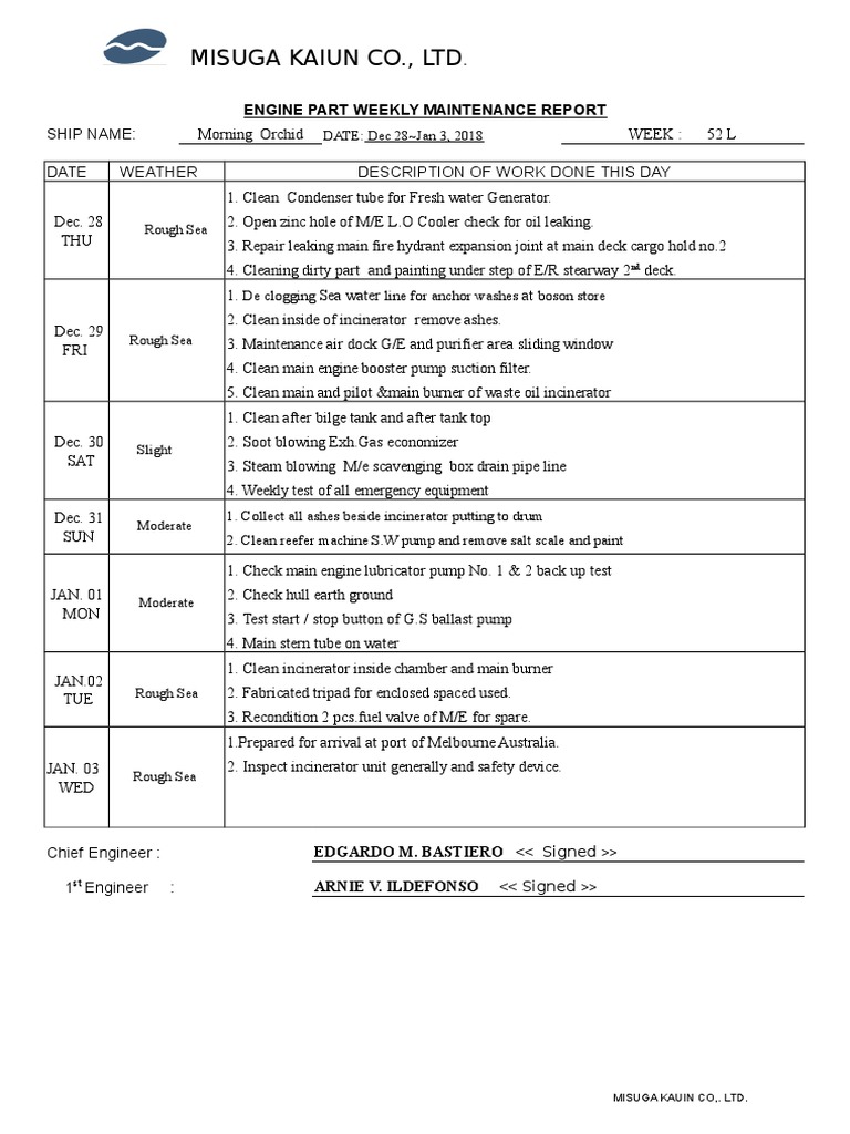 Weekly Engine Maintenance Report | PDF | Incineration | Sea