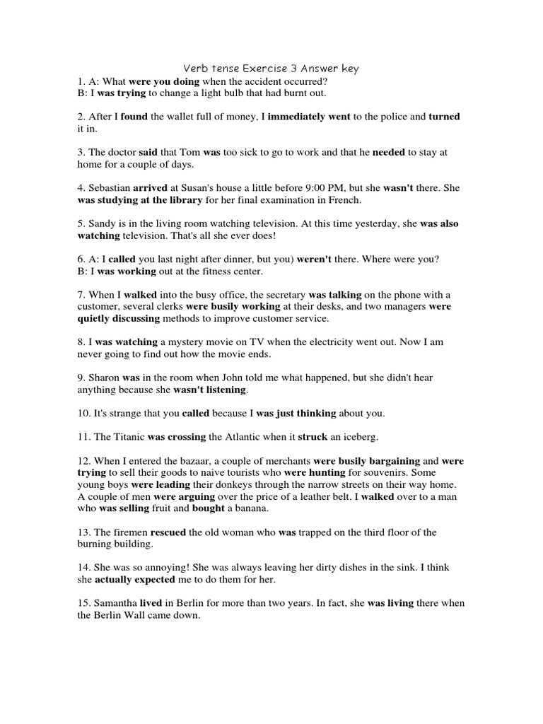 Verb Tense Exercise 3 Answers | PDF | Mystery, Thriller & Crime Fiction