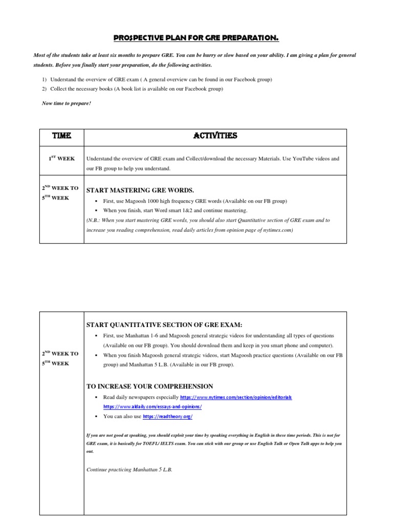 Prospective Plan For GRE Preparation | PDF | Graduate Record ...