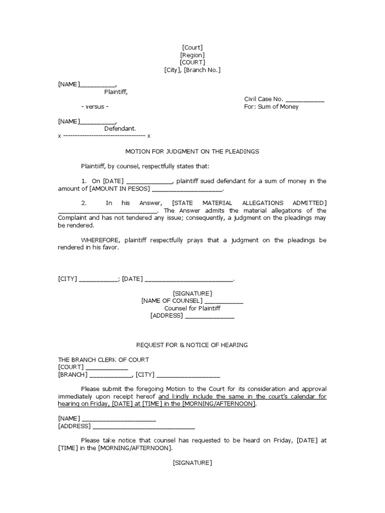 Motion for Judgment on Pleadings | PDF | Pleading | Lawsuit