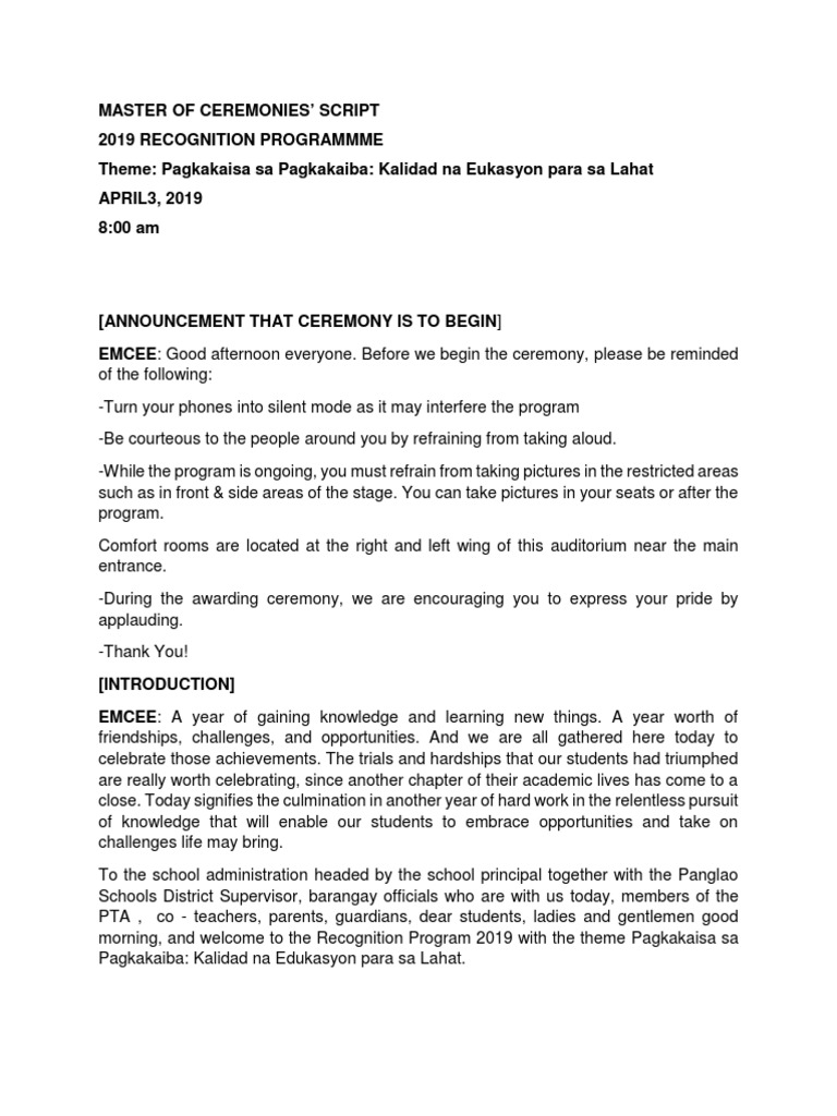 Emcee Script for Recognition Program | PDF