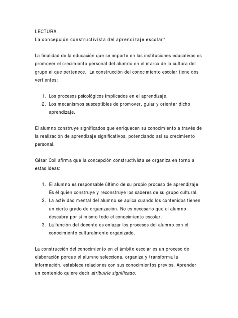 Concepción Constructivista del Aprendizaje | PDF | Constructivismo ...
