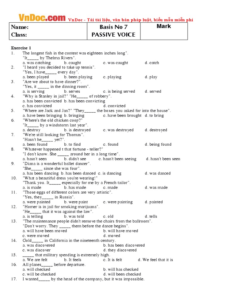 Bai Tap Trac Nghiem Cau Bi Dong Tieng Anh Co Dap An | PDF | Language ...
