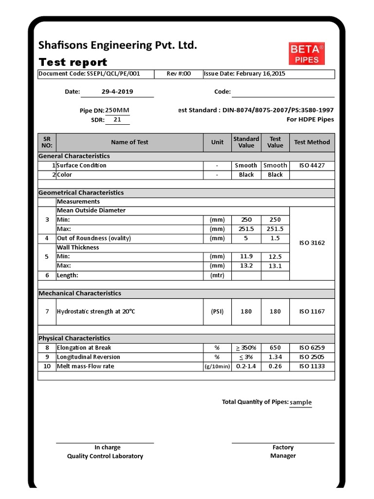 HDPE Pipe Test Report - Shafisons Engineering | PDF