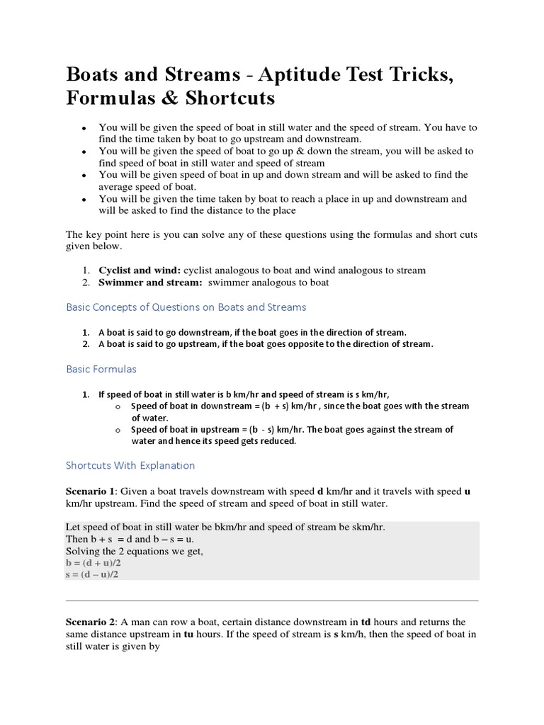 Boats and Streams Aptitude Test Tricks, Formulas & Shortcuts PDF