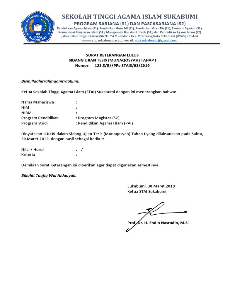 Surat Keterangan Lulus Sidang Tahap I Pdf