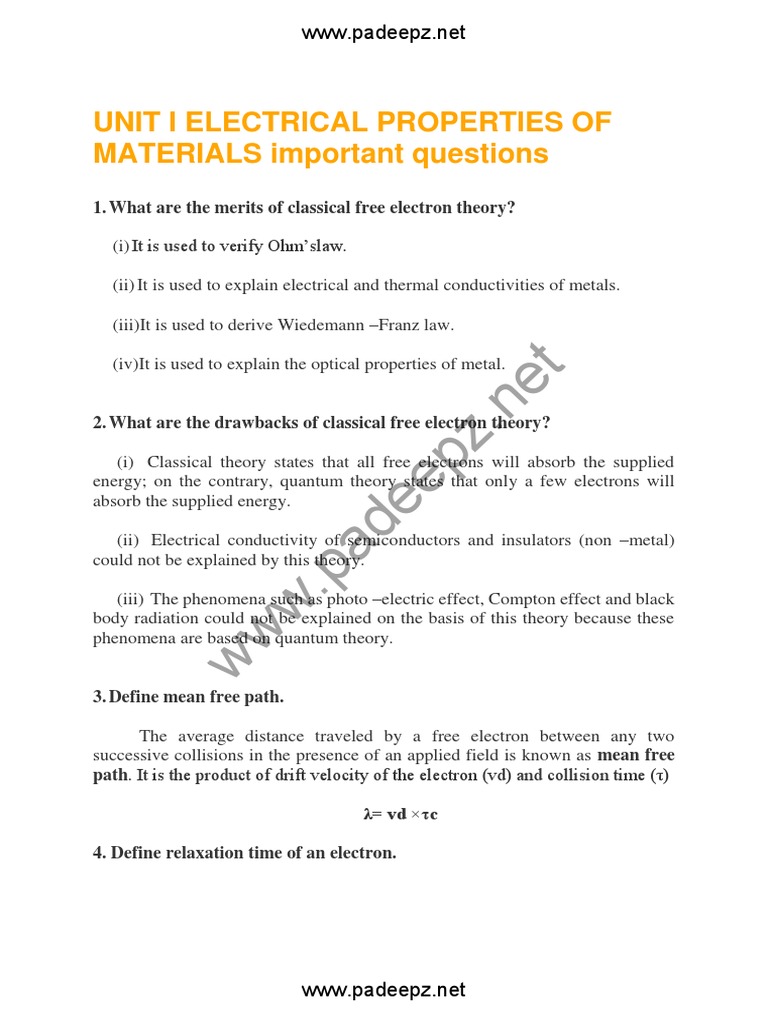 Unit I Electrical Properties of Materials Important Questions PDF