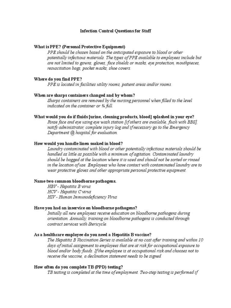 Infection Control Questions For Staff Pdf Infection Control Hospital Acquired Infection