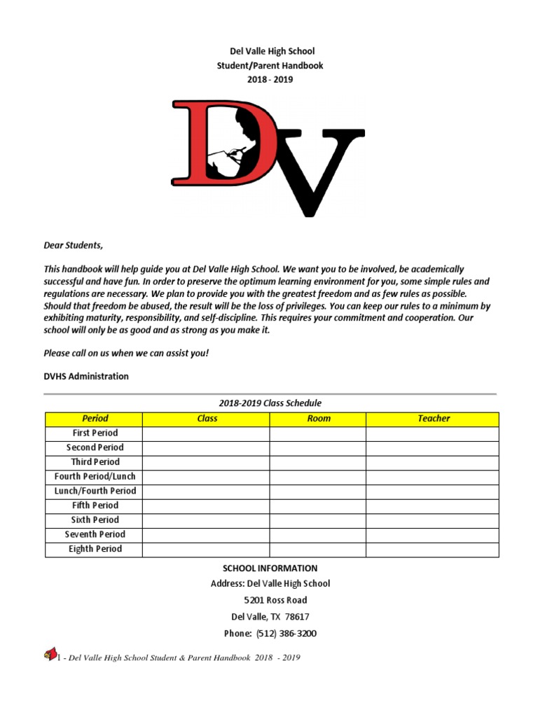 Dvhs Student Handbook 2018-2019 | PDF | Special Education | Teachers