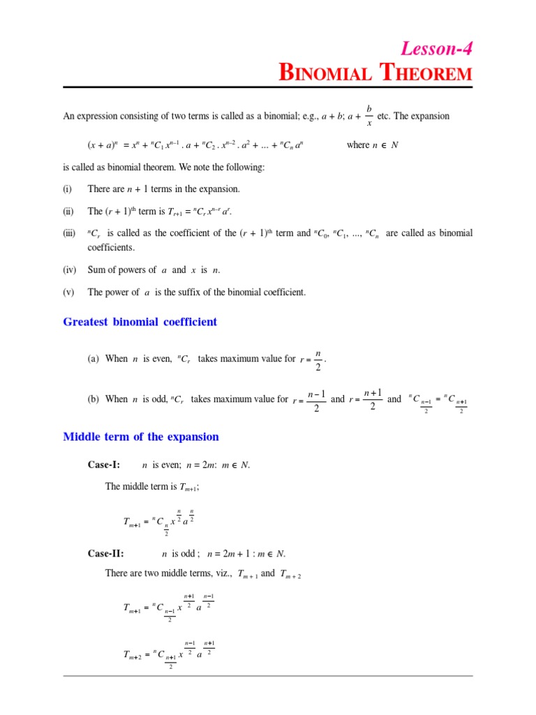 04 - Binomial Theorem 1.69 MB PDF | PDF | Arithmetic | Elementary ...
