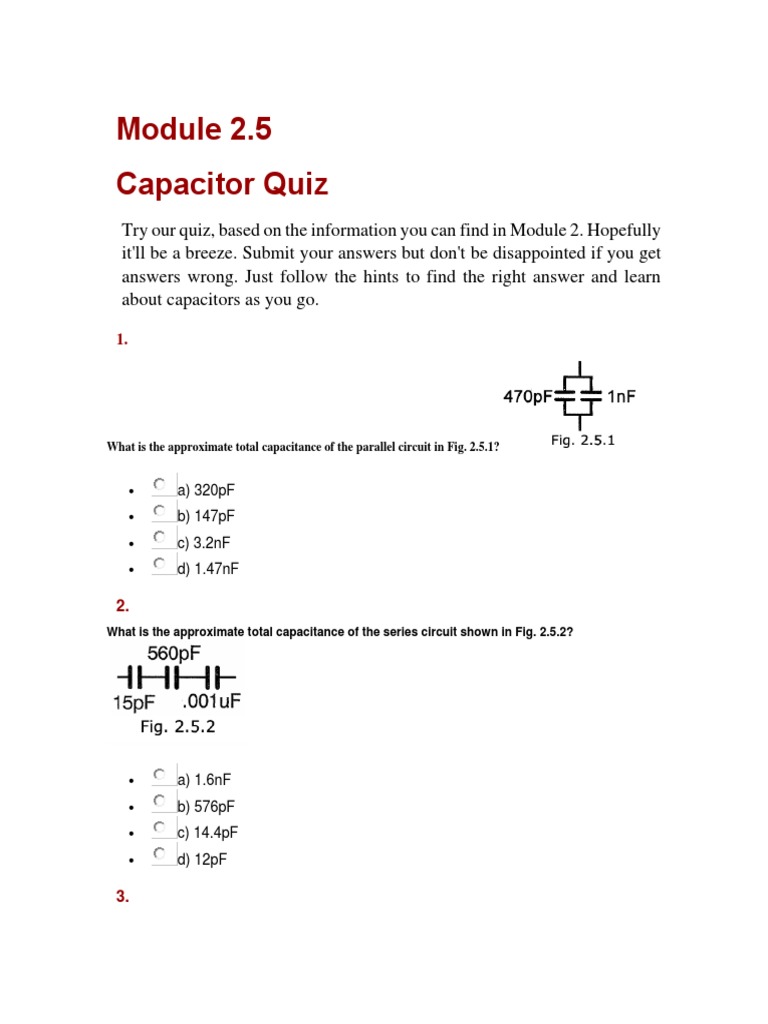 Capacitor Quiz PDF Capacitor Electronic Engineering