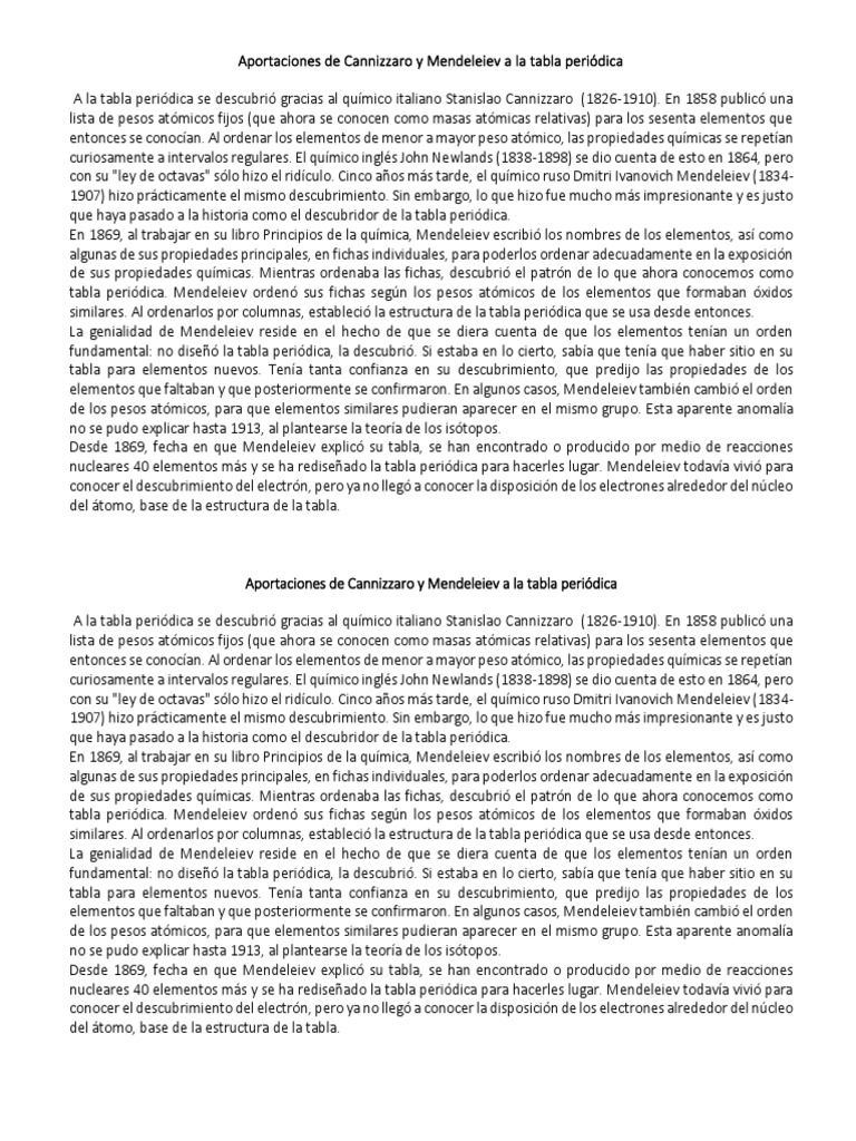 Aportaciones de Cannizzaro y Mendeleiev A