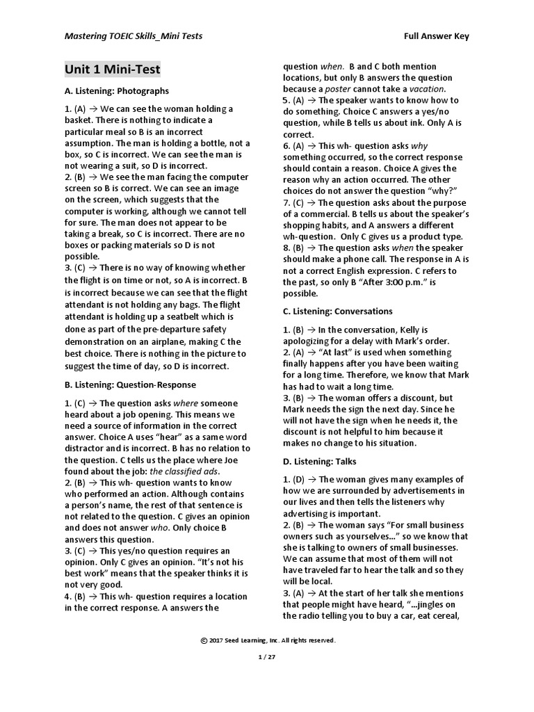 Mastering TOEIC Skills - Full Answer Key | PDF | Question | Verb