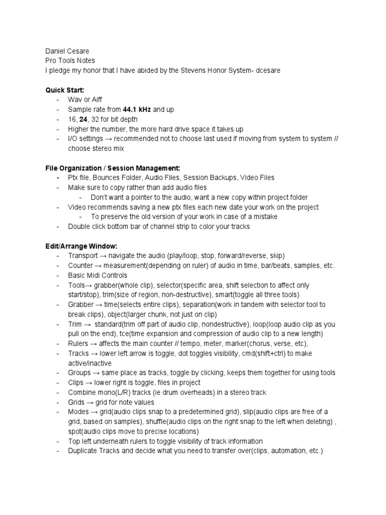 Pro Tools Notes An Overview of Pro Tools Functions, Tools, Track Types, Recording Techniques