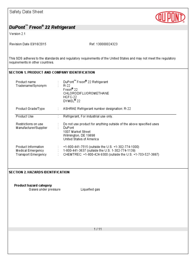 Dupont Freon 22 Refrigerant: Safety Data Sheet | Download Free PDF ...