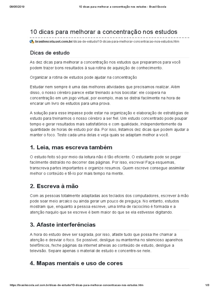 Dicas para Melhorar a Concentração nos Estudos | PDF | Telencéfalo | Tempo