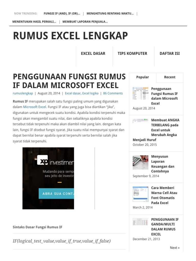 Tutorial Lengkap Fungsi Rumus If Dalam Microsoft Excel | PDF