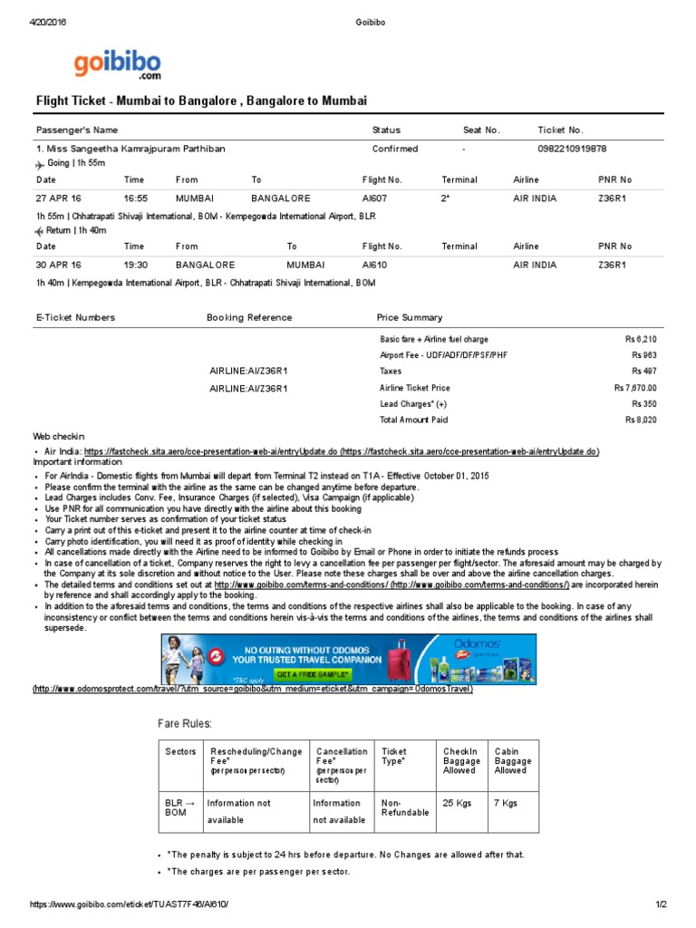 Flight Ticket Mumbai To Bangalore, Bangalore To Mumbai Fare Rules