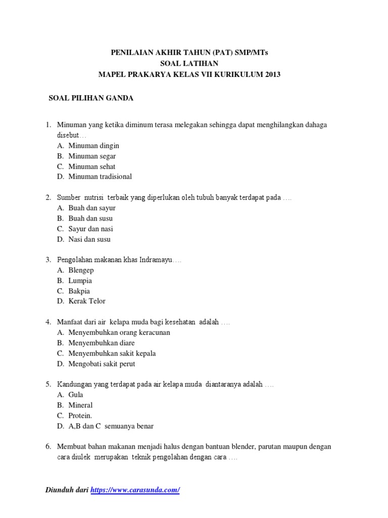 Soal Latihan Pat Ukk Prakarya Kelas 7