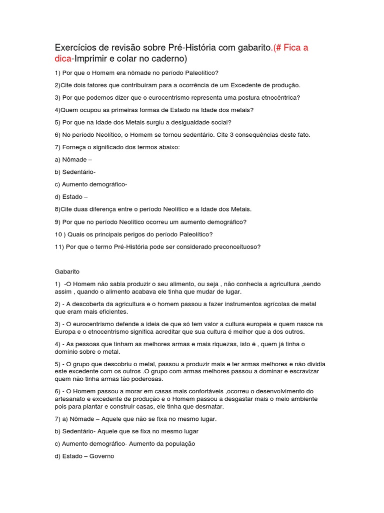 Exercícios de Revisão: Pré-História com Gabarito | PDF | Neolítico ...