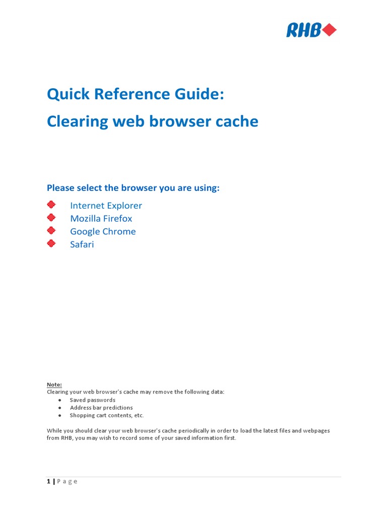 Quick Reference Guide: Clearing Web Browser Cache: Please Select The ...