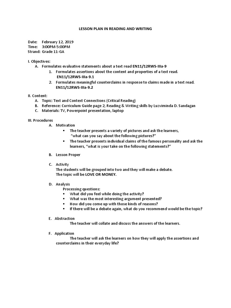 Claim and Counterclaim Lesson Plan | PDF | Teachers | Lesson Plan