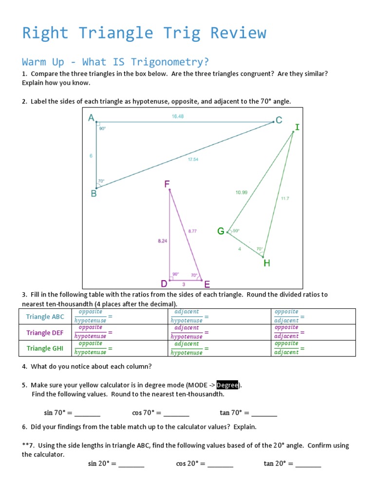 11.11.11 Right Triangle Trig Review PDF  Trigonometric Functions Inside Right Triangle Trigonometry Worksheet Answers