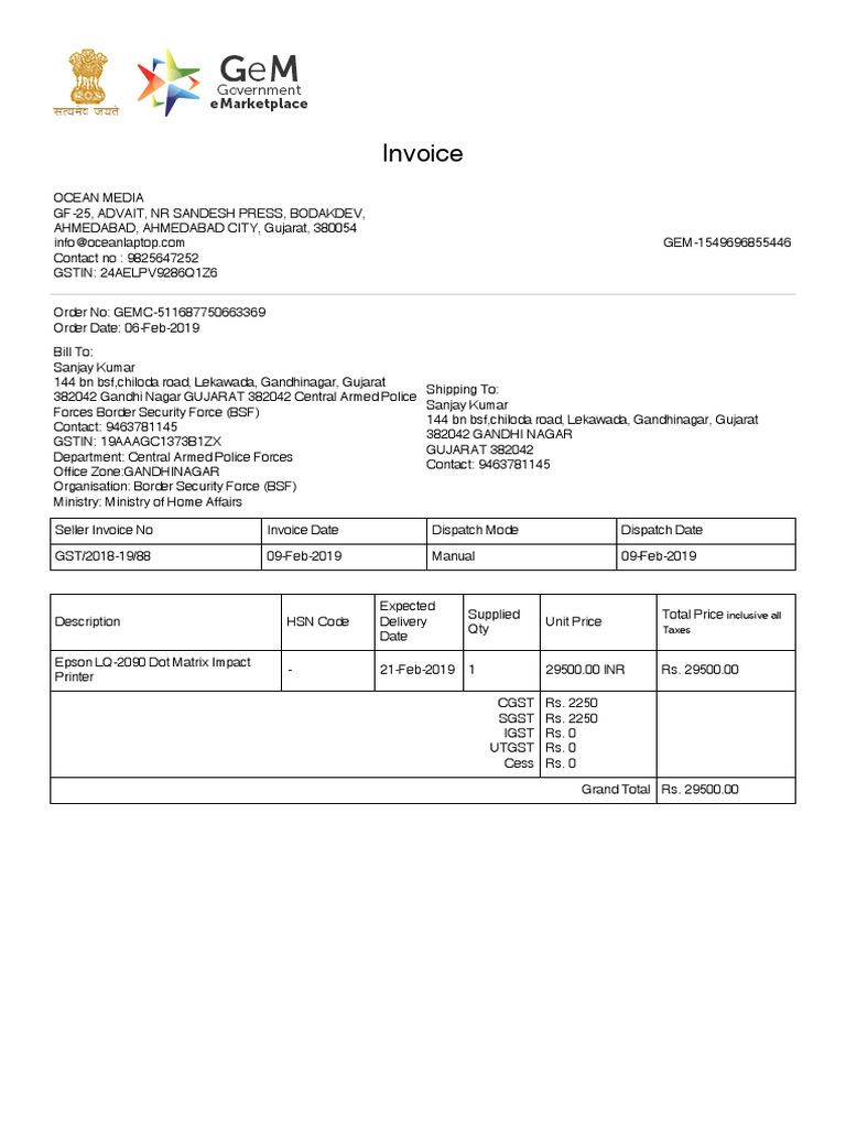 Invoice PDF Government Of India Taxation
