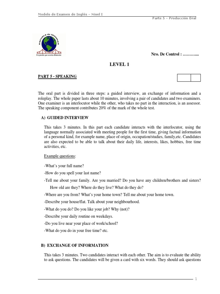 English Exam Model - Level I Speaking | PDF | Cognition