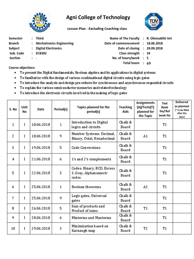 Optimizing Digital Electronics Instruction A Lesson Plan for Teaching