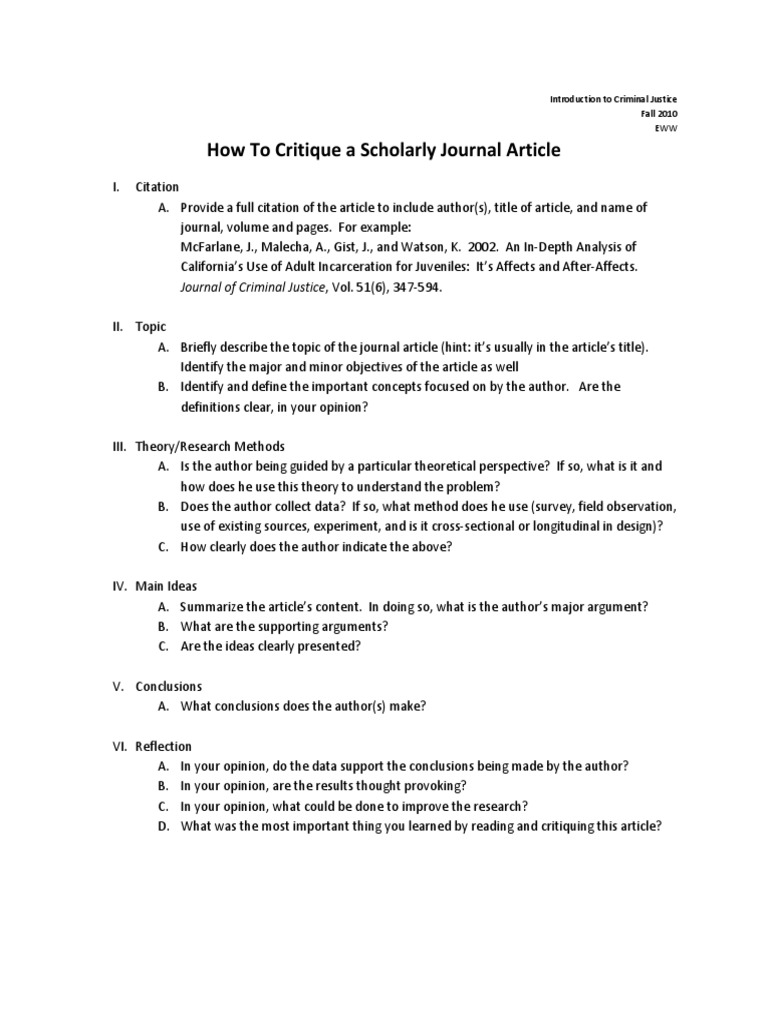 How To Critique A Scholarly Journal Article Journal Of Criminal Justice Vol 51 6 347 594